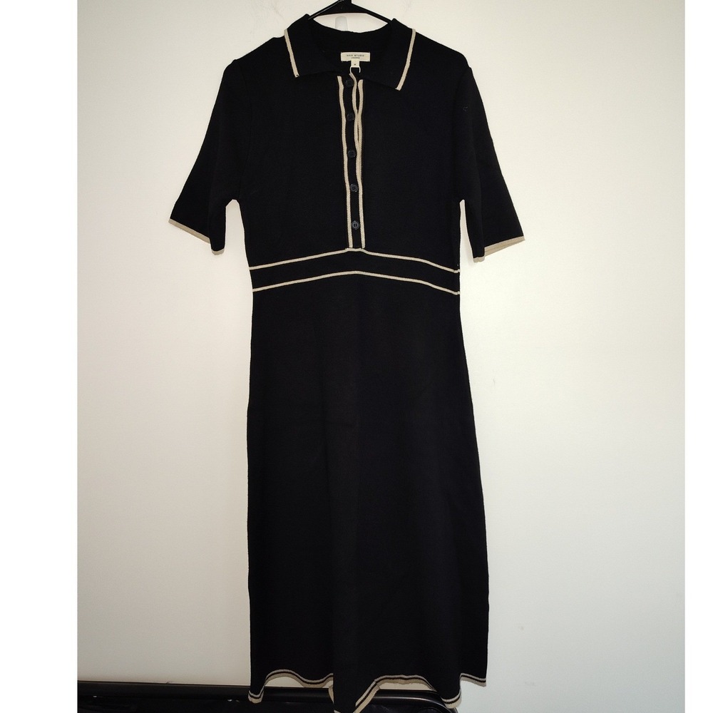 Max Studio London Black Cream Knit Polo Midi Dress Short Sleeve NWT 5908762